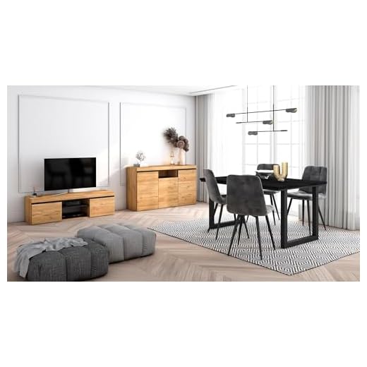 Skraut Home - Conjunto Muebles Salon | Mesa 140 Negro Patas U 6 comensales | Mueble TV 140 | Aparador/Buffet 140 | Roble y Negro | Estilo Industrial