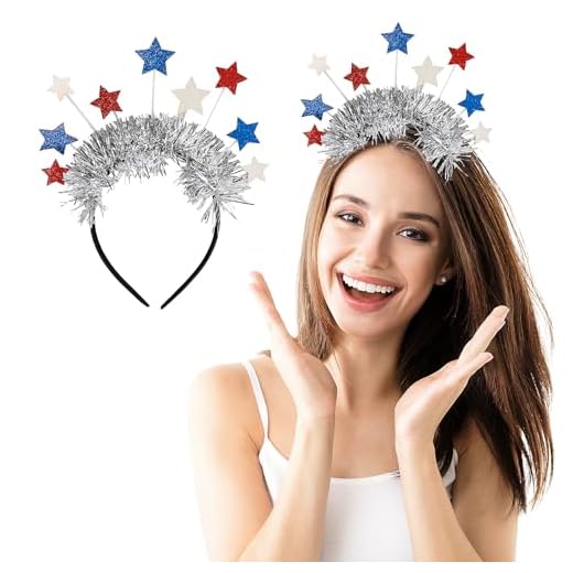 Tiara para decoração de 4 de julho – 1 peça de tiara patriótica com glitter vermelho azul branco estrela com borla, faixa de cabelo do Dia da Independência, acessórios de cabelo, suprimentos de festa,