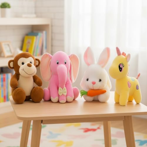 Image of Pack of 4 Elegant Soft Toys Combo Plush Stuffed Animals (Monkey-Appu-Rabbit-Yellow Unicorn)