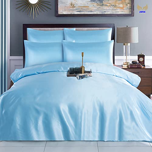 6PCS Satin Duvet Cover Bedding Set Plain Luxury Soft Bed Set Include (1xDuvet Cover, 1xFitted Sheet, 4xHousewife Pillow Case) (King, Sky Blue)-(Same Day Dispatch)