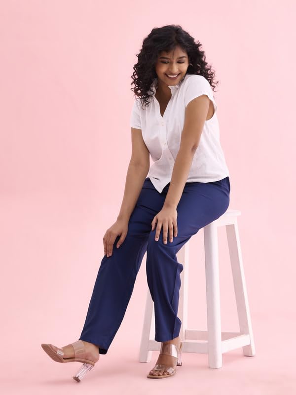 Image of GO COLORS Women Solid Mid Rise Relaxed Fit Viscose Casual Pants