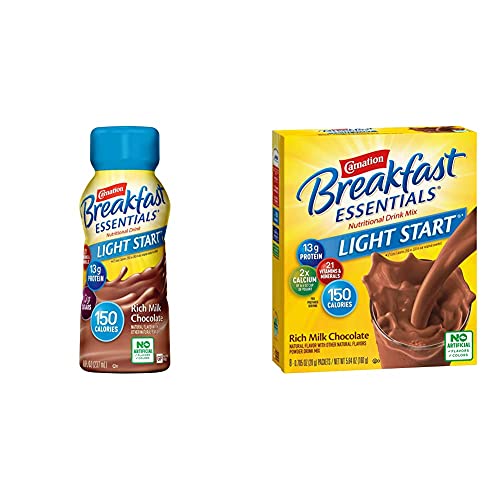 Carnation Breakfast Essentials Light Start Ready-to-Drink, Rich Milk Chocolate, 8 Ounce Bottle (24 Pack) + Carnation Breakfast Essentials Light Start Powder Drink Mix, Rich Milk Chocolate, 8 Packets