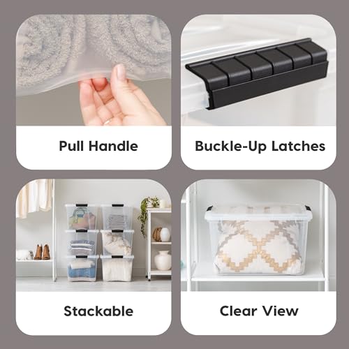 Image of IRIS USA 40 Qt Stackable Plastic Storage Bins with Lids, 4 Pack - BPA-Free, Made in USA - See-Through Organizing Solution, Latches, Durable Nestable Containers, Secure Pull Handle - Clear