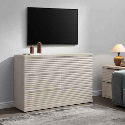 Image of SICOTAS Sideboard Cabinet with Storage, Modern Fluted Buffet Cabinet with 3 Large Drawers, Mid Century Entryway Cabinet for Living Room, Kitchen