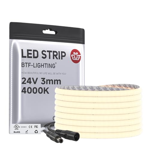 Image of BTF-LIGHTING 3mm Width Ultra Thin FCOB COB LED Strip,UL Listed Natural White 4000K Super Narrow Uniform Light,16.4FT DC24V CRI90+ LED Tape Light for Home Indoor DIY Lighting(No Adapter or Controller)