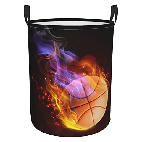 Boys Laundry Hampers Fire Basketball Pattern Printed, Cool Sports-Themed Dirty Clothes Basket for Bedroom, Foldable Small Storage Organizer for Toy Collection, 16.5 x 13.8 Inch Cover