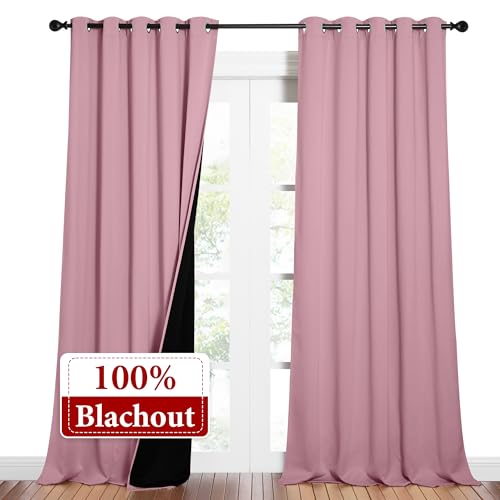 Image of NICETOWN Total Shade Curtains and Draperies, Heavy-Duty Full Light Shading Drapes with Black Liner Backing for Villa /Hall /Dorm Window（Crystal Pink, Package of 2 Panels, 62 inches Wide x 95 inches Long