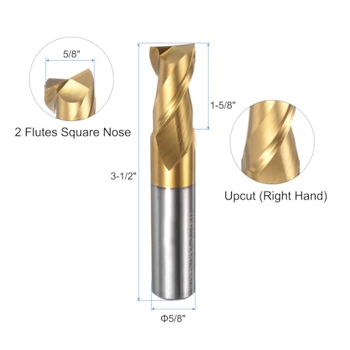 Image of uxcell Carbide Square End Mill, 5 /8 inch Diameter ZrN Coated 2 Flutes Milling Bit Cutter, for Aluminum Copper Non-Ferrous Alloy Metal, 5 /8 inch Shank 1-5 /8 inch Cut Length 3-1 /2 inch Long