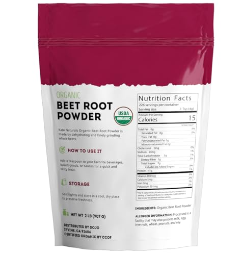 Image of Kate Naturals Organic Beet Root Powder for Smoothies, Baking & Juice, 2lb | Non-GMO, Raw Beetroot Superfood Extract & Natural Red Food Coloring & Nitric Oxide, Earthy Flavor