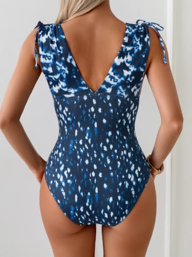 Image of One Piece Swimsuit for Women Tummy Control Ruched Bathing Suit Sexy High Cut Swimwear V Neck Swim Suit