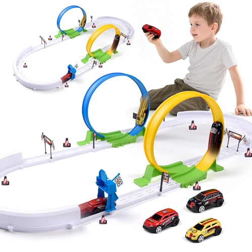 Havnidy Circuit de Course Automobile pour Enfants, Jouet avec 2 Boucles à 360° et 4 têtes de Retrait Rapide, Jouet de Piste Cadeau pour garçons à partir...