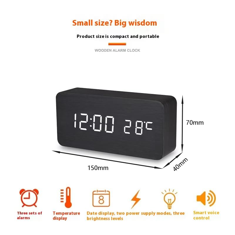 Battery Powered Digital Clock for Bedroom and Living Room Decor, Nightstand Clock with Voice Control Function Dual Display Time(12/24h) and Temperature(°C/°F), Office Wood Décor (Black) - Image 3