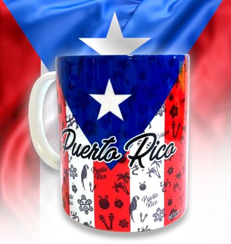 Puerto Rico Coffee Cup - Tiano Boricua Design | Unique Puerto Rican Style Ceramic Mug for Coffee and Drinks (White)