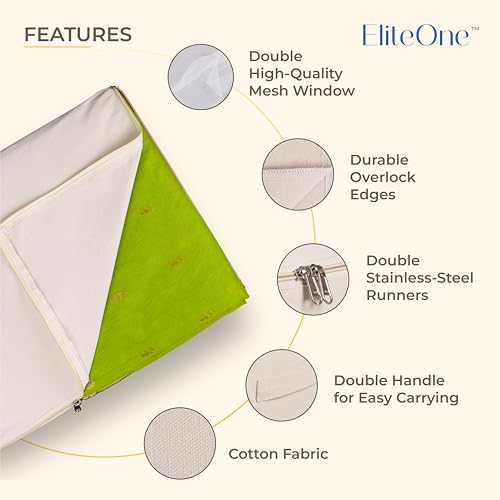 Image of EliteOne Cotton Canvas Clothes Storage Bags with Zip & Window | Saree Covers for Storage | Lehengas, Dresses, Saree Organiser for Wardrobe | saree bags with zip (17x14x7 inches)(Pack of 3 Bags)