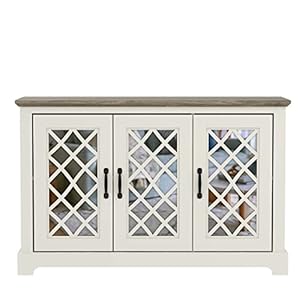 Galano millicent 3 door sideboard with acrylic mirrors kitchen buffet cabinet farmhouse coffee bar display cabinet for home kitchen living room dining room and hallway ivory knotty grey oak  urban country home decor
