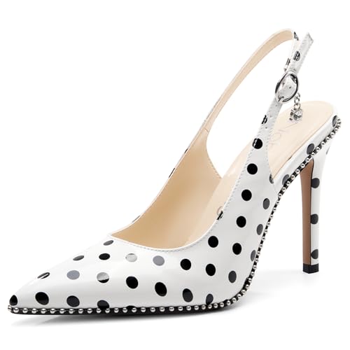Image of NobleOnly Slingback Beaded Pumps for Women High Stiletto Heel Pointed Toe Slip-on Dress Sandals Adjustable Buckle Rhinestone Patent Leather 3.9 Inches Heels