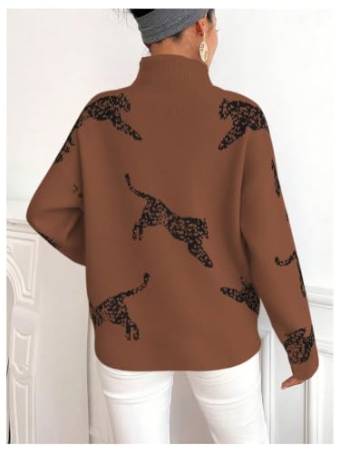Image of WDIRARA Women's Leopard Tiger Print Sweater High Neck Long Sleeve Fuzzy Knitted Pullover Top