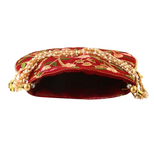 Image of Handcrafted Potli Purse with Golden Floral Embroidery and Pearl Accents