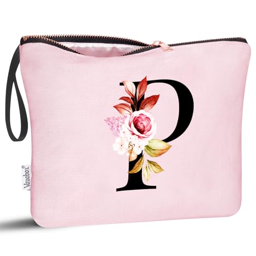 Image of Vavabox A-Z Personalized Makeup Bag, Birthday Gifts for Women Mom, Gifts for Best Friend, Bride Bridesmaid Cosmetic bag (P, 06-Pink)