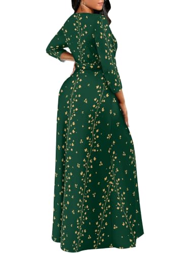 Image of Women Plus Size Long Sleeve V Neck Maxi Dress with Belt | Soft fabric relaxed fit three quarter sleeve v neck with pockets for party and daily wear