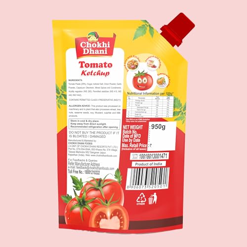 Image of Chokhi Dhani Foods Tomato Ketchup 950g | Classic Blend Made with Real Tomatoes | Rich, Thick & Tangy Taste | No MSG | 100% Vegetarian