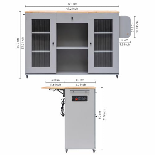 Image of Rocco Walky Kitchen Island Storage Cabinet with Wheels, Solid Rubber Wood Top, Fluted Acrylic Doors, Built-in Power Sockets & LED Lights, Soft-Close Hinges & Side Organizer (Grey, Large & Extendable)