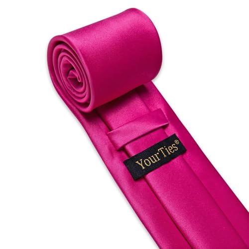 Image of YourTies Hot Pink Ties for Men Silk Necktie Pocket Square Cufflinks Set Solid Color Formal Business Party Wedding