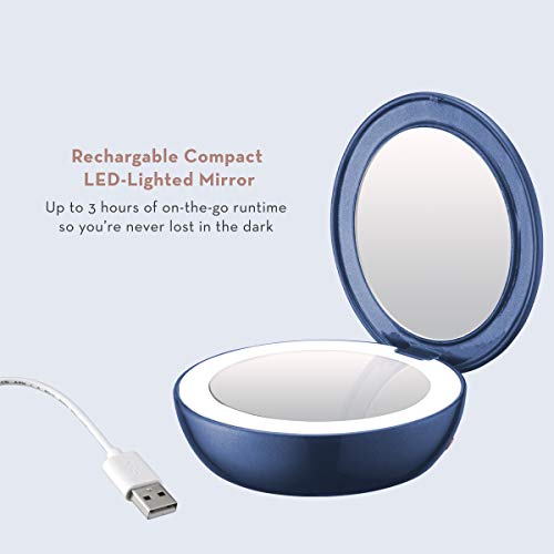 Conair Lighted Makeup Mirror With Magnification, Compact Mirror, 1/3X Magnifying Mirror, Travel Mirror With Light, Rechargable In Blue #TOP1