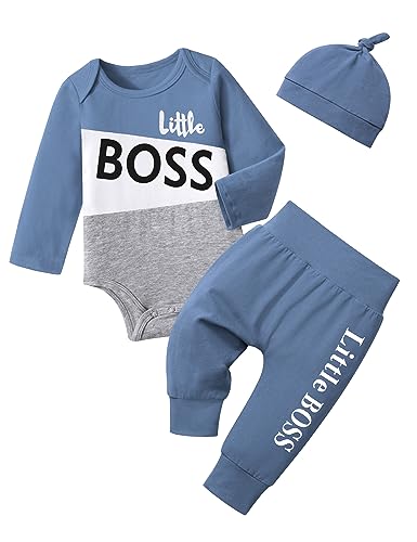 Image of Oranchids Newborn Baby Boy Clothes Color Block Letter Print Long Sleeve Romper+Pants+Hat Fall Winter Outfits 3Pcs