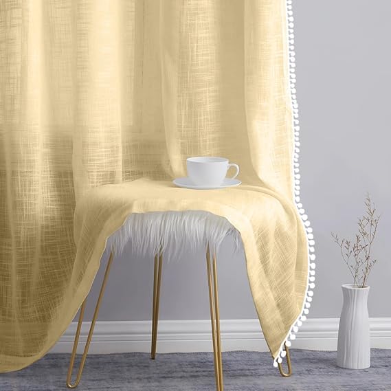 Image of THE LINEN COMPANY Cotton Linen Solid Curtain Set with Eyelet Rings (Butter Cream, Door- 7.5 Feet)