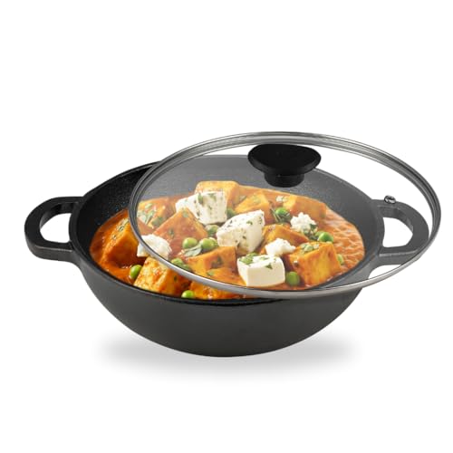 Image of Pencil Pre-Seasoned Cast Iron Kadhai /Kadai with Glass Lid 24 cm | Cast Iron Handles | Compatible with Gas Stoves & Induction | Naturally Nonstick | 100% Pure & Toxin-Free | No Chemical Coating | Black