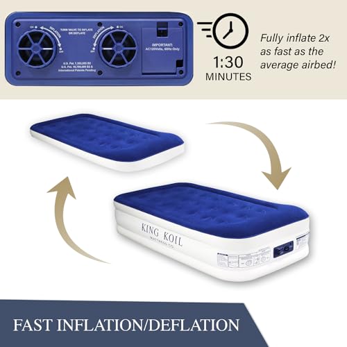 King Koil Luxury Twin Air Mattress with Built-in High Speed Pump for Camping, Home & Guests - Twin Size Double High Airbed Luxury Inflatable Blow Up Mattress Waterproof (1-Year Manufacturer Warranty)
