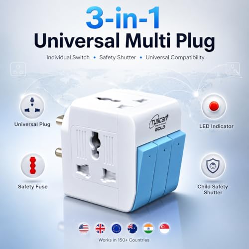 Image of PROSAC 3-Pin Multi Plug Socket with Individual Switch | Universal Travel Adapter for 2-Pin & 3-Pin Devices | 5A-250V Wall Charger with Safety Shutter, Fuse & Indicator | Pack of 1