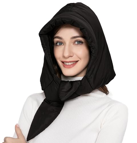 ZLYC Women Winter Down Hat Windproof Hooded Scarf Soft Warm Balaclava Skull Cap Beanie Hat (Solid Black)