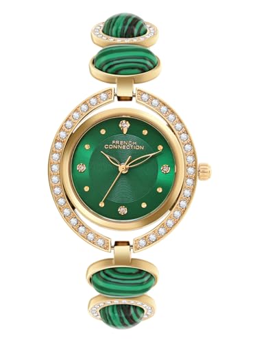 Image of French Connection Sunray Green Round Dial with Gold with Green Stone Alloy Strap Watch - for Womens FCD1NGM