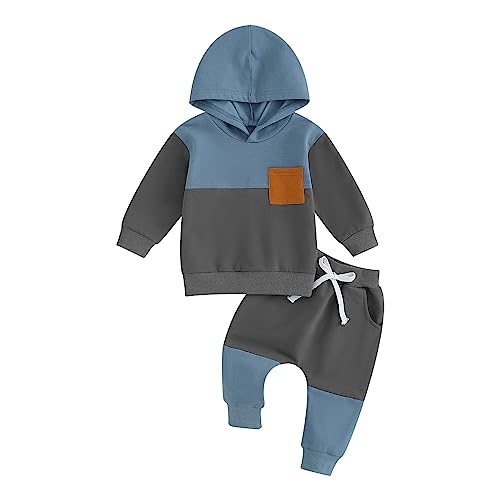 YINGISFITM Toddler Baby Boy Clothes Color Block Long Sleeve Hoodie Sweatshirt Shirt Top And Pocket Pants Fall Winter Outfit (A Blue Gray, 12-18 Months)