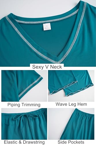 Image of Vozanet Women's Plus Size Pajama Sets Short Sleeve Long Pants Solid Color with Piping Trim Elegant Loungewear Cozy Sleepwear