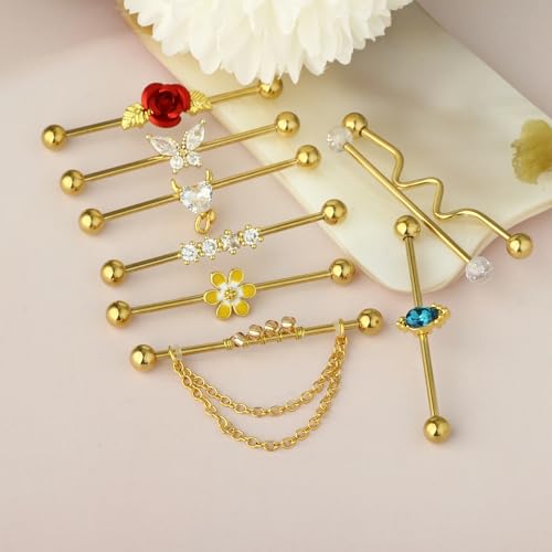 Suotarn 9pcs Gold Industrial Piercing Jewelry 38mm Stainless Steel 14G Industrial Barbell Earrings Ear Cartilage Helix-Conch Piercing Bar 1 1/2 Inch (golden)2