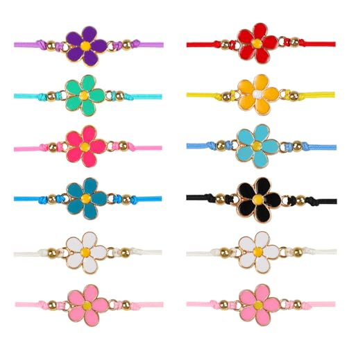 12 Pcs Flower Friendship Bracelets Handmade Colorful BFF Bracelet Set Cute Daisy Adjustable Wrist Cord Jewelry for Women Friend Couples Partner