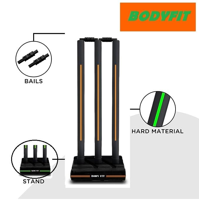 Image of Bodyfit Heavy Cricket Stumps | Plastic Wickets Set with 3 Stumps + 2 Bails + 1 Stand | Full Size Wickets for Cricket Ground, Tournament Wicket. (Black-Orange)
