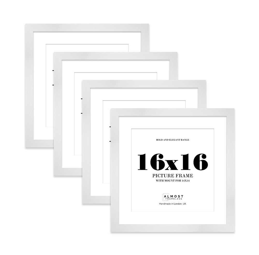 16x16" White Square Frame With Mount for 14x14" Pictures 28mm Edge Frame Display with Wall Hooks, 4 Pack