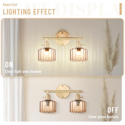 Image of Vintage Glass Wall Sconce, 2-Light Brass Gold Bathroom Lighting Fixtures Over Mirror, Ribbed Vanity Wall Light with Amber Glass Shade, E26 Base for Bedroom, Dressing Table, Hallway