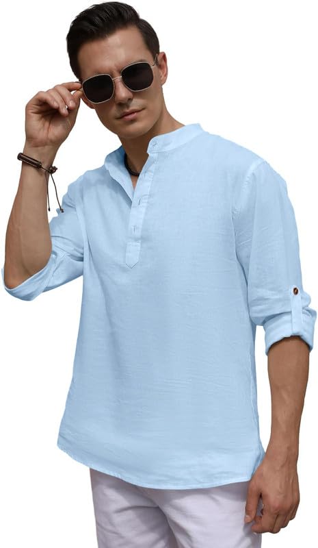 Image of ROYALSCOUT Men's Cotton Blend Casual Short Kurta Shirt with Notch Neck and Button Detail | Full Sleeve Straight Fit Lightweight Ethnic Top for Summer