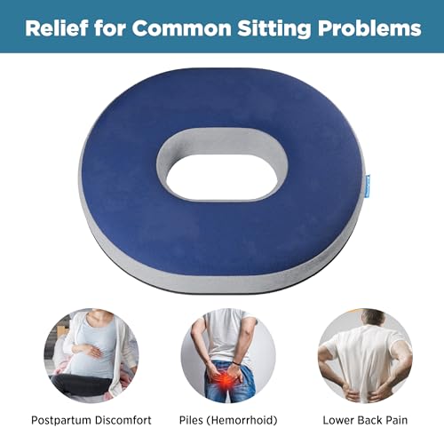 Image of ComfyHug Donut Pillow - Orthopedic High-Resilience Foam Hollow Centered Ring Seat Cushion for Piles, Hemorrhoids, Tailbone & Sciatica Pain | for Office Chair, Car & Wheelchair | Washable Cover