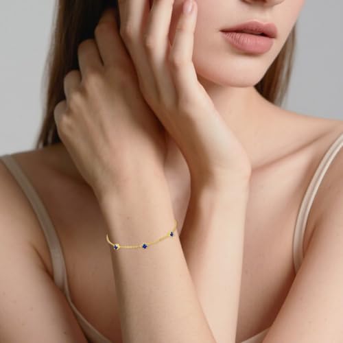 14k Gold Round-Cut Gemstone Bracelet for Women,0.9 CTTW(4MM*3) Created Birthstone Anniversary Birthday Mother's Day Simple Bracelets Jewelry for Mom Her 6.5''+2''3