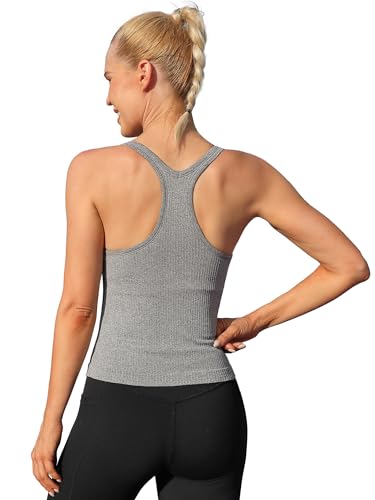 Image of ATTRACO Ribflex Ribbed Workout Crop Tops with Built in Bra for Women Yoga Racerback Tank Top Slim Fit
