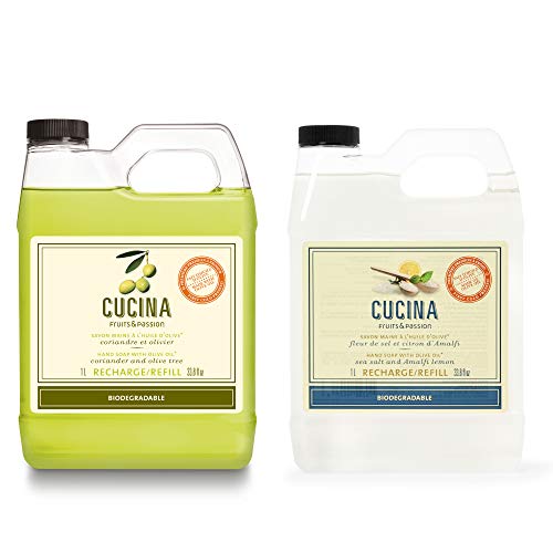 Fruits & Passion [Cucina] Purifying Luxury Hand Soap Refill, [33.8 Oz, 2-Set Bundle] Coriander & Olive Tree + Sea Salt & Amalfi Lemon