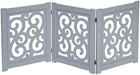 HOME DISTRICT Dog Gate Freestanding Pet Gate 4-Panel & 3 Panel Pet Gate for Dogs Folding Dog Gate Quadfold & Trifold Pet Gate for Small Dogs Decorative Pet Gate for Dogs Indoor, Grey Scroll 47" x 19"