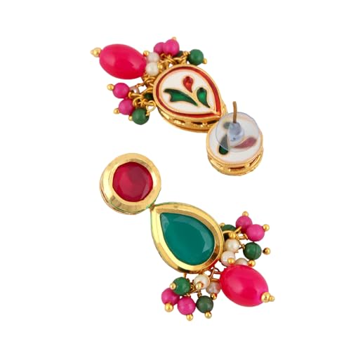 Image of Lucky Jewellery Meenakari 18k Gold Plated Tika Earring Combo Uncut Big Faux Kundan Choker Necklace set