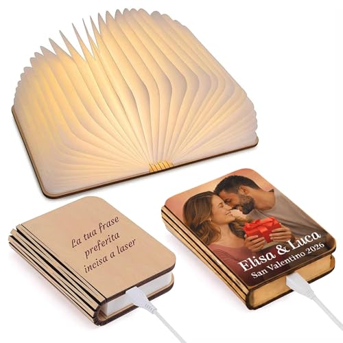 GFD Lampada libro personalizzabile con nome o frase, USB Ricaricabile, lampada a forma di libro, in legno con luce led, lampada da tavolo, idea regalo -1000mAh (STAMPATA)